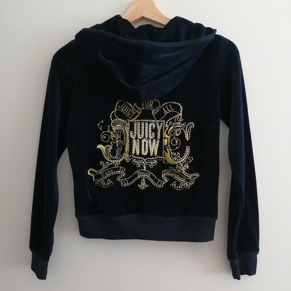 Juicy Couture Genuine Y2K Zip Up Rhinestone Embellished Back Navy and Gold Small - Picture 6 of 13